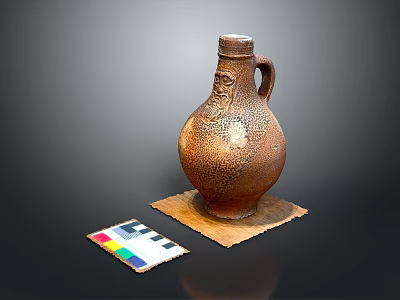 Hand Carved Ceramic Vase With Textured Surface And Decorative Handle 3d model