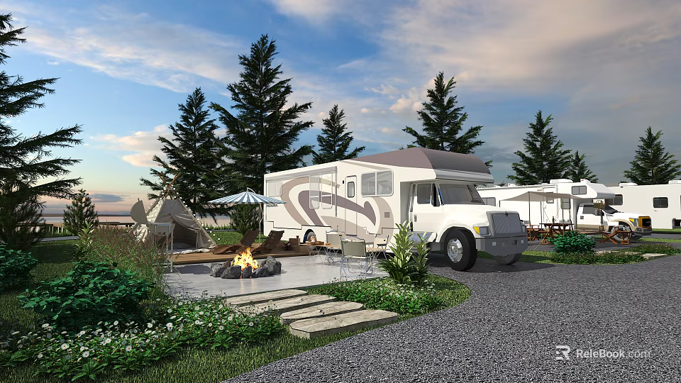 Scenic Campsite With RVs Campfire Area Pine Trees And Lush Greenery 3d model 