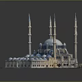 Cartoon Scene Of Mosque With Blue Dome Tall Minarets And Arched Structures