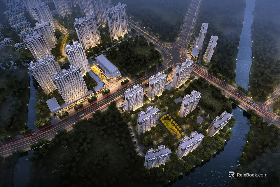 Aerial View Planning of Residential Area With High Rise Buildings Roads River and Greenery 3d model 
