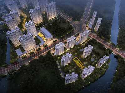 Aerial View Planning of Residential Area With High Rise Buildings Roads River and Greenery 3d model
