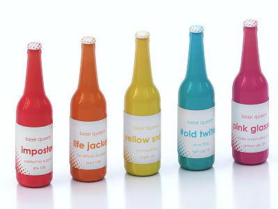 Stylish Multicolored Wine Bottles With Various Label Designs On White Display Background 3d model