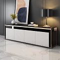 Modern TV Stand with White Vase Yellow Flowers Black Lamp and Abstract Painting