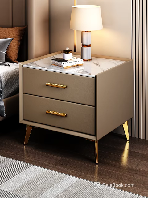 Elegant Modern Nightstand With Beige Finish Marble Top Gold Handles And Legs 3d model 