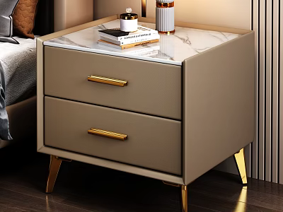 Elegant Modern Nightstand With Beige Finish Marble Top Gold Handles And Legs 3d model