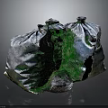 Three Silver Garbage Bags With Spilled Green Substance On Dark Surface 3d model