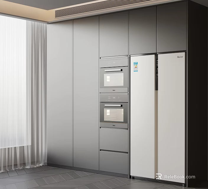 Modern Kitchen Interior Design With Sleek Cabinets Built-in Oven And Refrigerator 3d model 