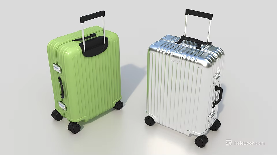 Two Stylish Hard Shell Suitcases Green And Silver With Retractable Handles And Rolling Wheels 3d model 