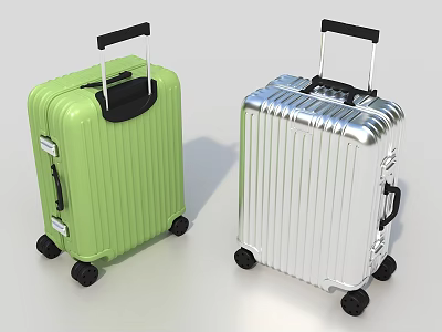 Two Stylish Hard Shell Suitcases Green And Silver With Retractable Handles And Rolling Wheels 3d model
