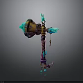 Fantasy Mythical Hammer Weapon With Glowing Blue Green Flames And Ornate Orange Purple Details