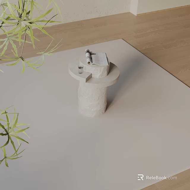 Minimalist Stone Side Table In Indoor Space With Greenery And Wooden Floor 3d model 
