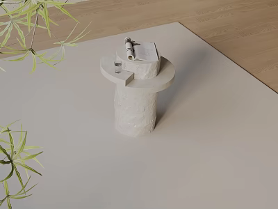 Minimalist Stone Side Table In Indoor Space With Greenery And Wooden Floor 3d model