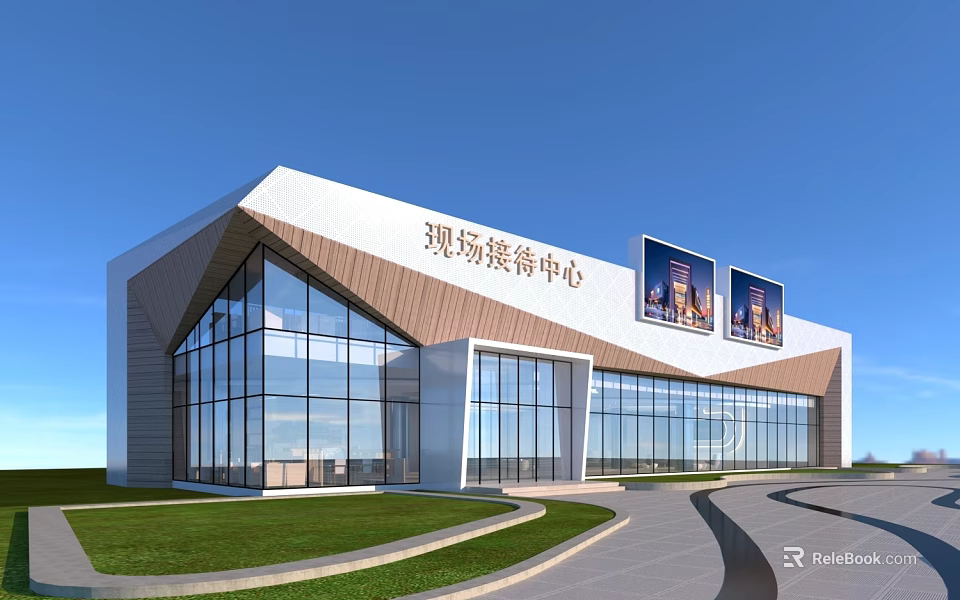 Modern Sales Office Building With Glass Curtain Walls And Geometric Roof Design 3d model 