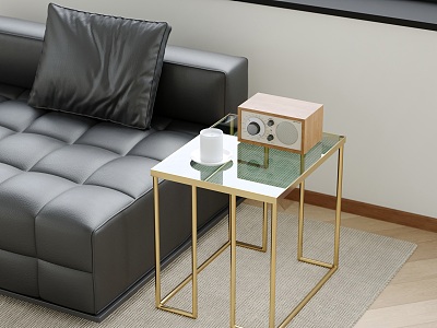 Light Luxury Metal Side Table Glass Side Table Tea Cup Bluetooth Audio Leather Sofa model