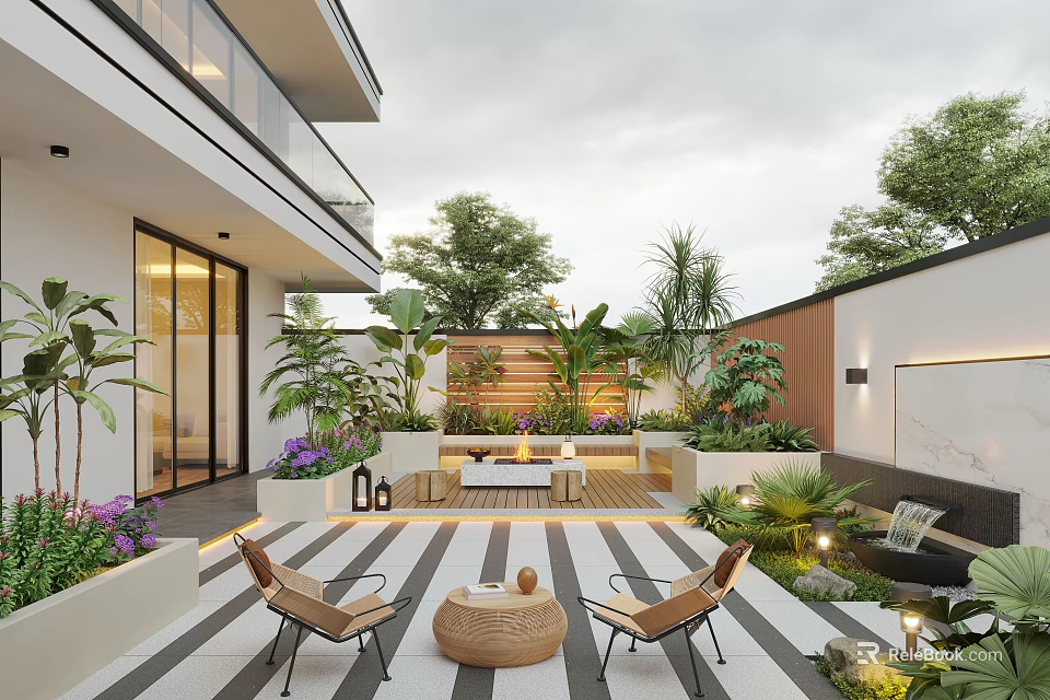 Modern Outdoor Garden With Wooden Deck Plants Outdoor Chairs Round Table And Decorative Lighting 3d model 