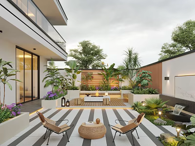 Modern Outdoor Garden With Wooden Deck Plants Outdoor Chairs Round Table And Decorative Lighting 3d model