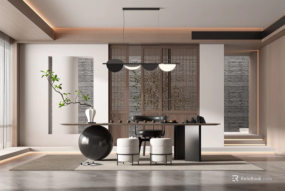 Modern Tea Room Interior With Wooden Lattice Screen Pendant Lights Tea Table And Green Plant 3d model 