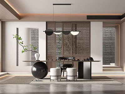 Modern Tea Room Interior With Wooden Lattice Screen Pendant Lights Tea Table And Green Plant 3d model