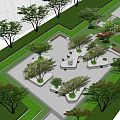 Serene Urban Park Landscape With Lush Trees Stone Benches And Colorful Flower Beds