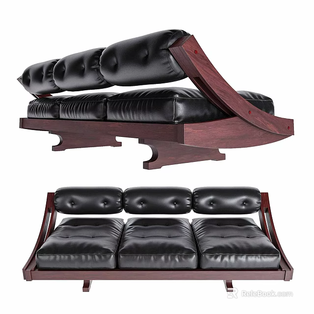 Three Seater Black Leather Sofa With Wooden Frame Button Tufted Design And Classic Armrest 3d model 