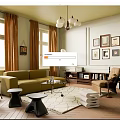 Elegant Living Room Interior Design With Green Sofa Black Stools And Wall Art