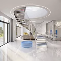 Modern Interior Design Featuring Spiral Staircase Circular Skylight Large Windows And Blue Round Table 3d model
