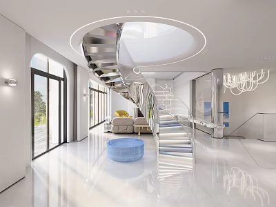 Modern Interior Design Featuring Spiral Staircase Circular Skylight Large Windows And Blue Round Table 3d model