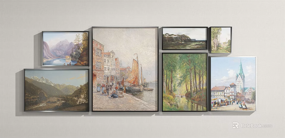 Wall Display of Various Style Artworks with Different Sizes and Frames 3d model