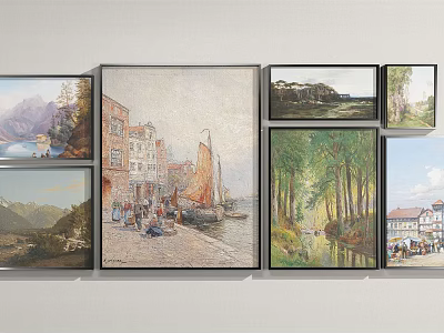 Wall Display of Various Style Artworks with Different Sizes and Frames 3d model