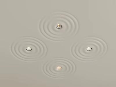 Four Recessed Downlights Spotlights on Light Gray Ceiling with Circular Ripple Light Halos 3d model