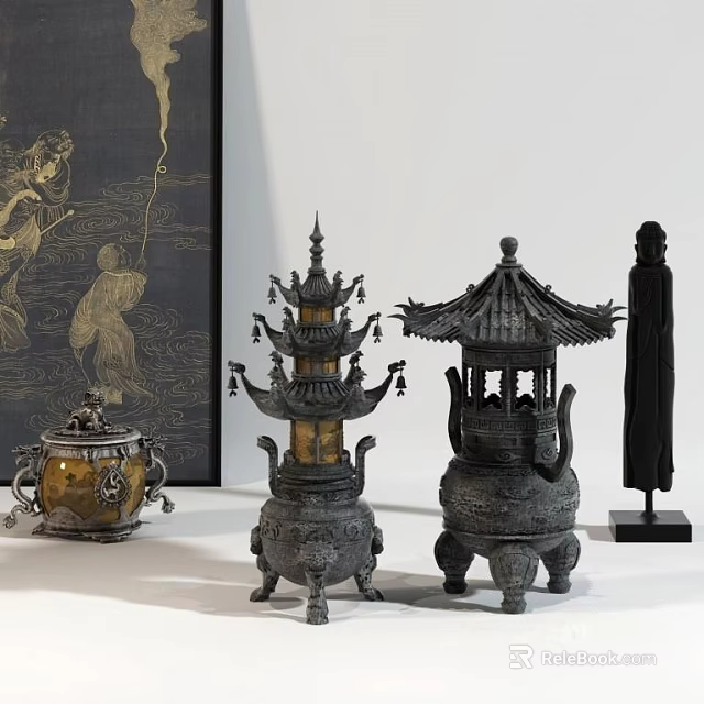 Traditional Bronze Decorative Ornament Set With Pagoda Pavilion Buddha Statue And Lidded Jar 3d model 