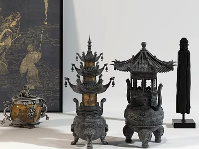Traditional Bronze Decorative Ornament Set With Pagoda Pavilion Buddha Statue And Lidded Jar 3d model