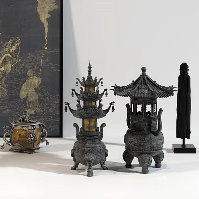 Traditional Bronze Decorative Ornament Set With Pagoda Pavilion Buddha Statue And Lidded Jar 3d model