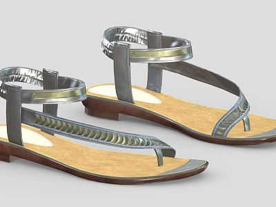 Stylish Women's Flat Sandals With Metallic Straps And Brown Leather Sole Design 3d model
