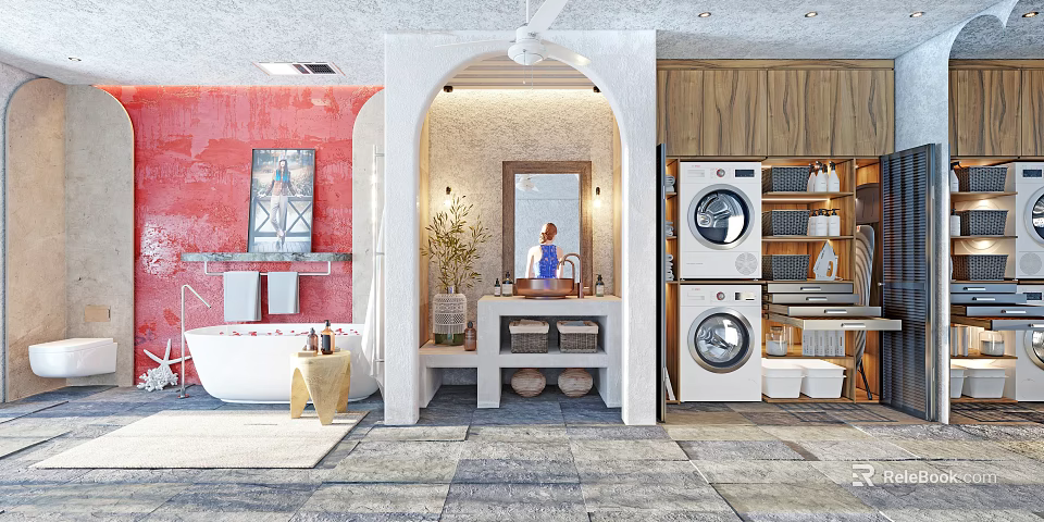 Stylish Rustic Bathroom With Freestanding Bathtub Arched Vanity And Integrated Functional Laundry Storage Space 3d model 