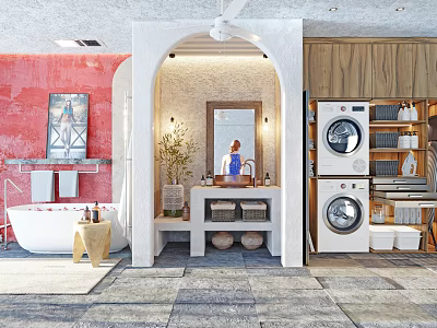 Stylish Rustic Bathroom With Freestanding Bathtub Arched Vanity And Integrated Functional Laundry Storage Space 3d model