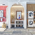 Stylish Rustic Bathroom With Freestanding Bathtub Arched Vanity And Integrated Functional Laundry Storage Space