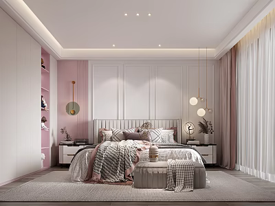 Modern Pink And White Bedroom With Paneled Wall Metal Headboard Bedding And Pendant Lights 3d model