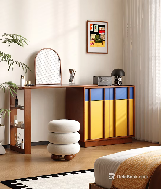 Wooden Dressing Table With Blue Yellow Cabinets Mirror Brush Radio Lamp And Stool 3d model 