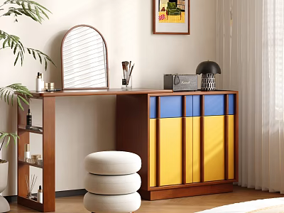 Wooden Dressing Table With Blue Yellow Cabinets Mirror Brush Radio Lamp And Stool 3d model
