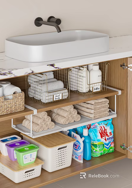 Organized Bathroom Vanity Shelf With Rolled Towels Woven Basket And Toiletries 3d model 