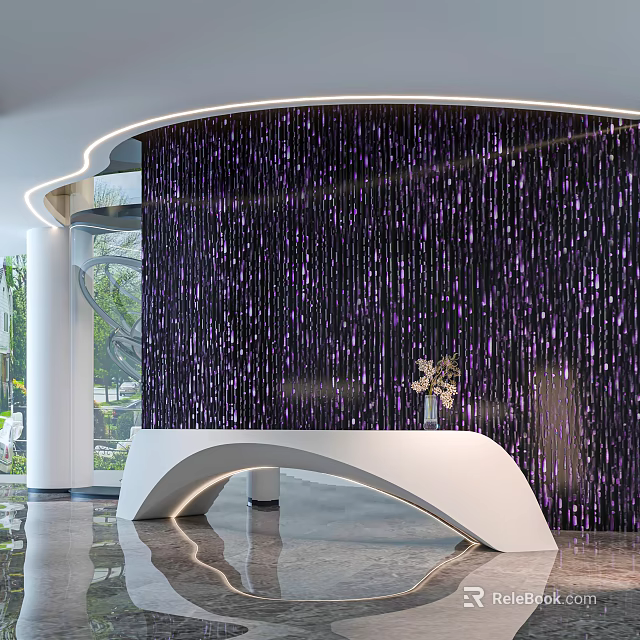 Modern Reception Desk With White Curved Countertop And Purple Vertical Line Wall 3d model 