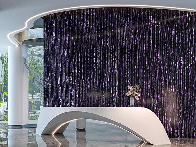 Modern Reception Desk With White Curved Countertop And Purple Vertical Line Wall 3d model