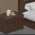 Walnut Wooden Bedside Table With Two Drawers White Teapot And Cups In Modern Bedroom