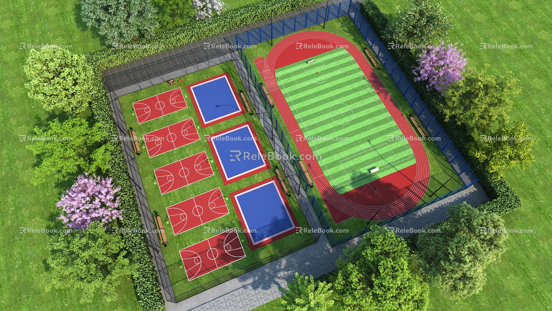 Football field combination sports field combination outdoor football field outdoor basketball court outdoor court green planting goal football field fence big tree shrub 3d model