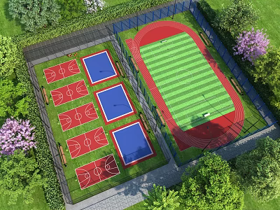 Outdoor Sports Complex Featuring Multiple Badminton Courts Green Track And Surrounding Trees Purple Flowers 3d model