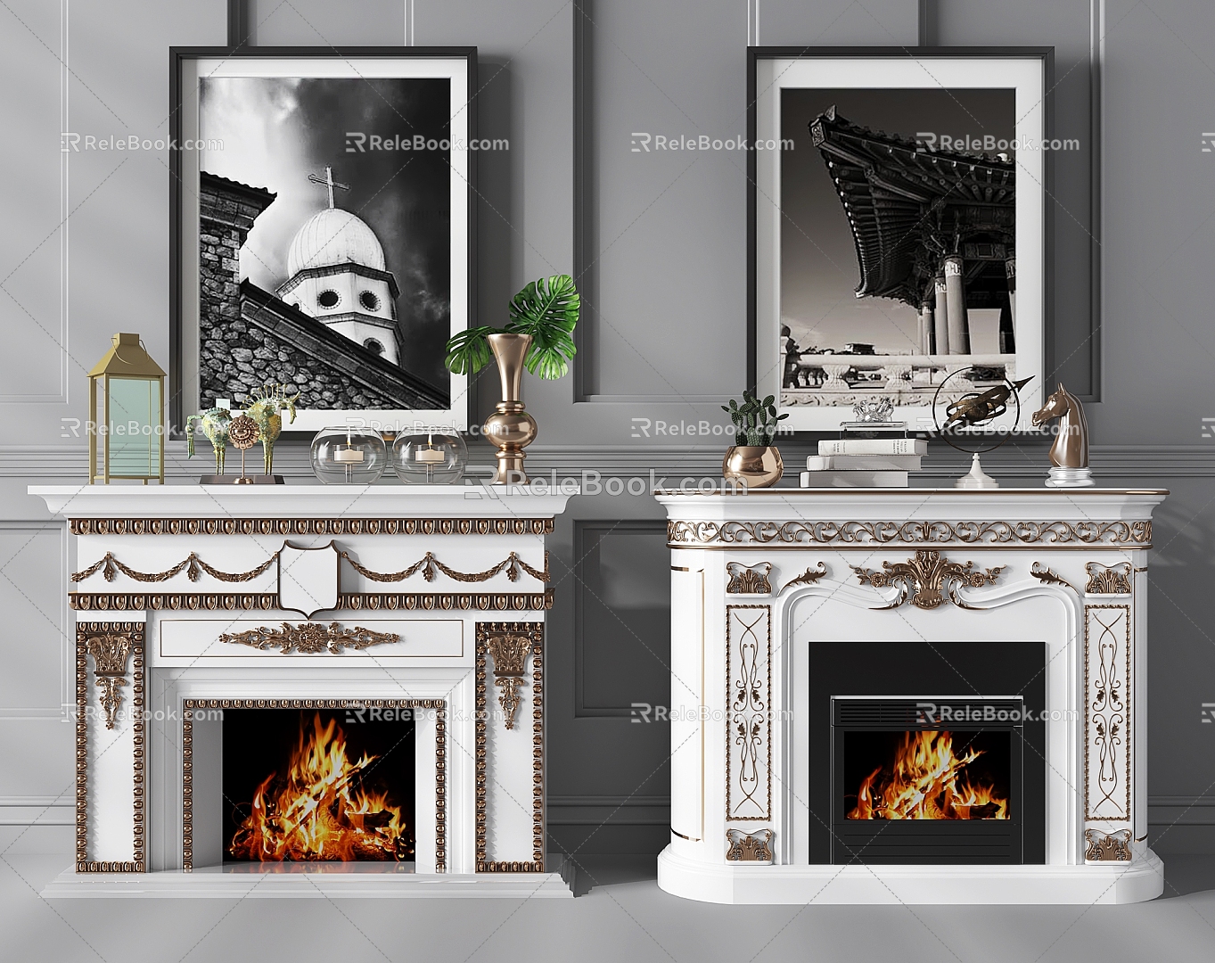 European style fireplace hanging painting ornaments 3d model