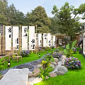 Elegant Zen Style Garden Landscape With Cozy Leisure Space Lush Greenery And Natural Stepping Stones