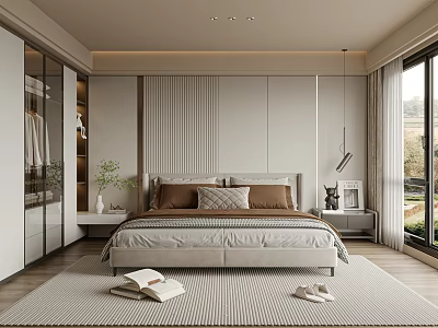 Modern Bedroom Interior With King Bed Brown Grey Pillows Large Window View And Green Plant 3d model