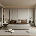 Modern Bedroom Interior With King Bed Brown Grey Pillows Large Window View And Green Plant